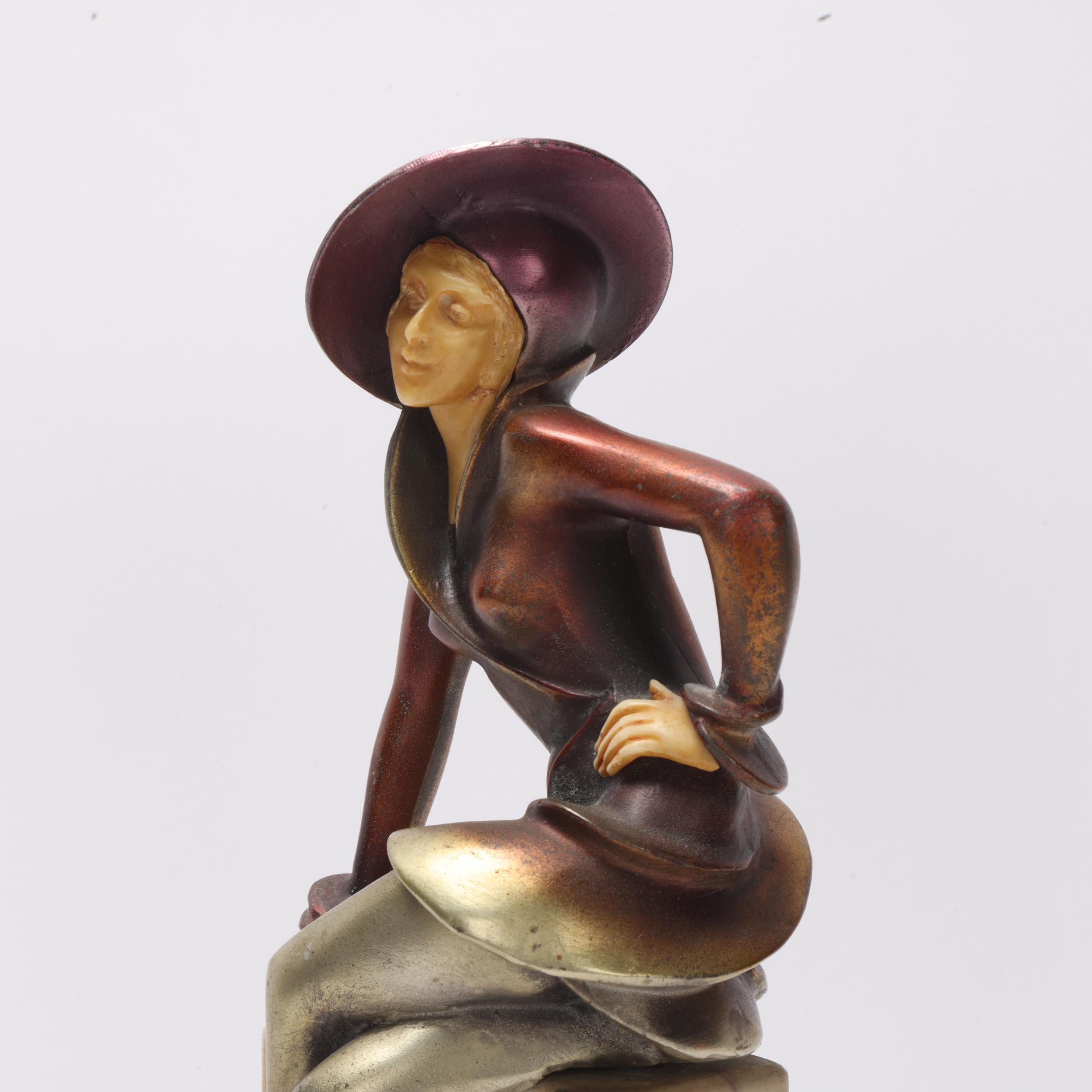 Art Deco patinated spelter figure of a lady, composition face and hands on simulated marble base, - Image 2 of 3