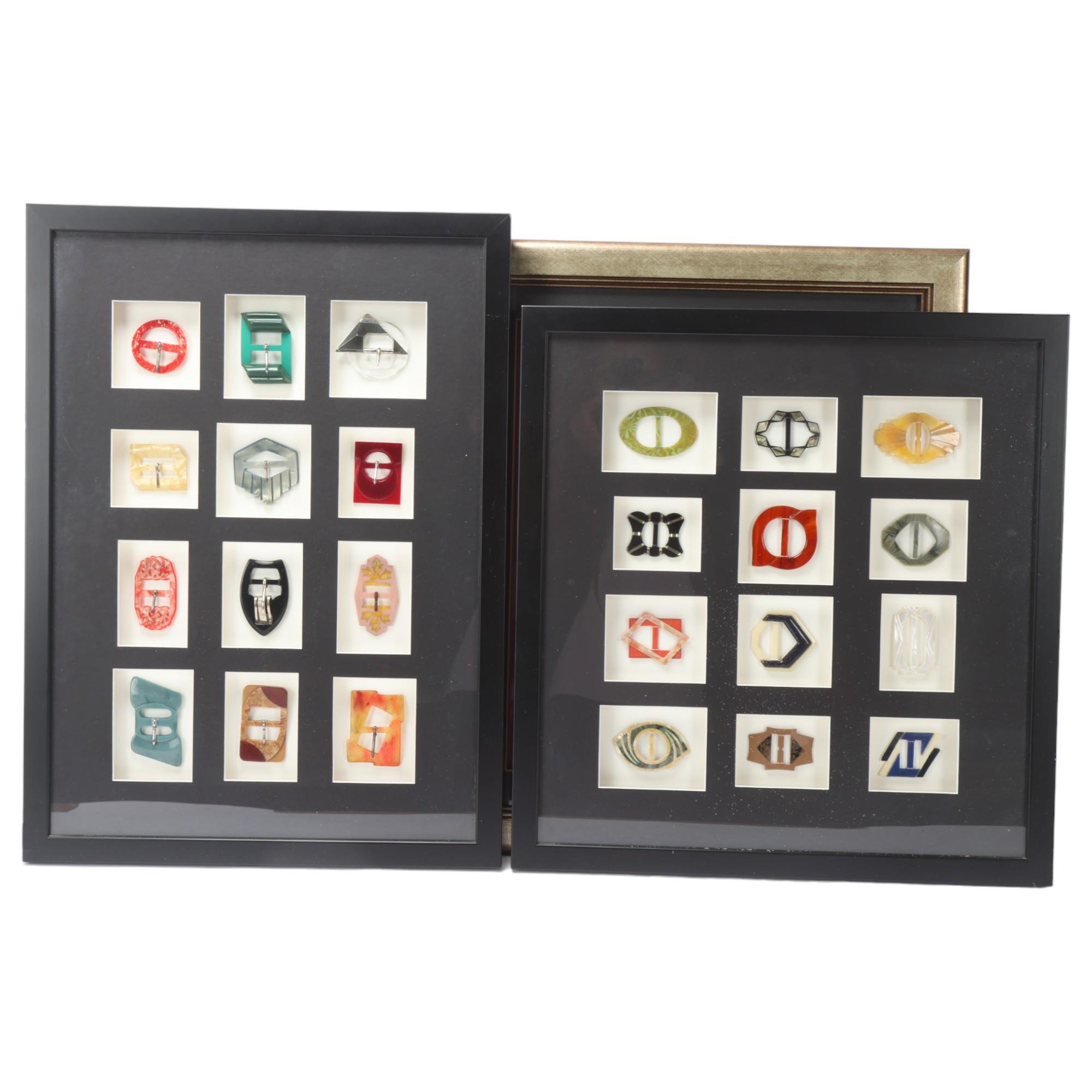 A collection of Art Deco Bakelite buckles and buttons, mounted in 4 good quality modern frames (4)
