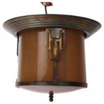 Art Deco brass-framed drum-shaped ceiling light fitting, with curved glass panels, height 22cm,