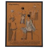 French Art Deco lithograph fashion study, image 24cm x 19cm, overall frame dimensions 35cm x 30cm