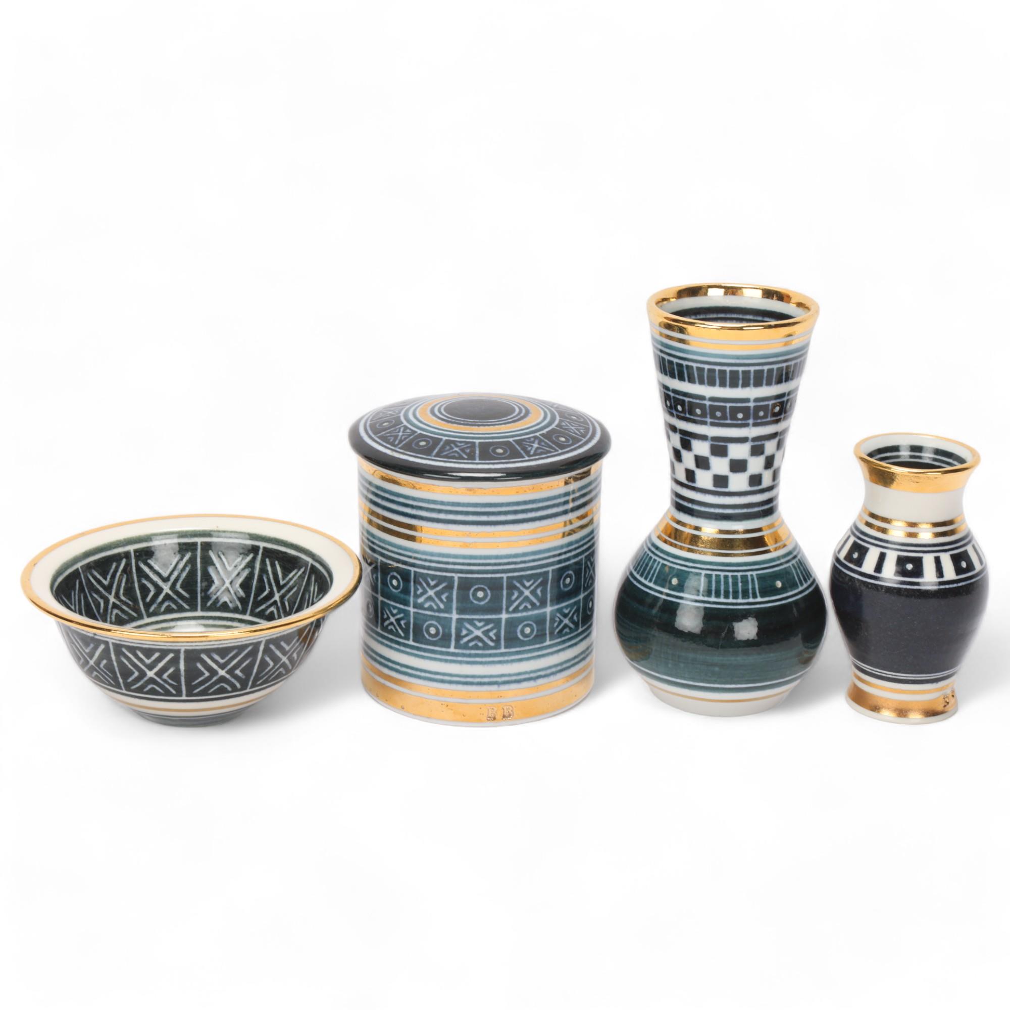 BEN BARKER, British, 4 pieces of porcelain studio pottery, with sgraffito and 23ct gold