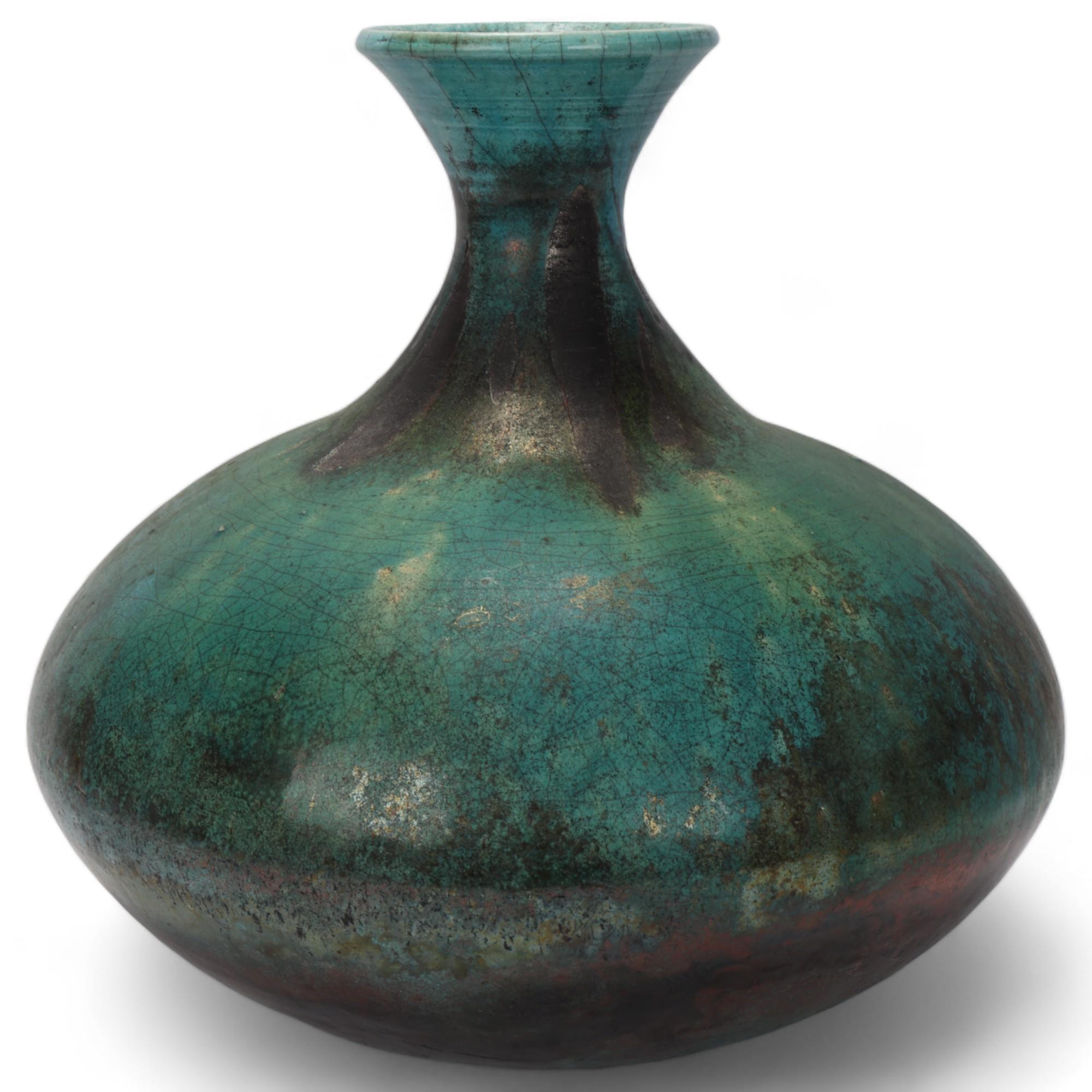 MYRA WISHART, a large raku studio pottery vase, with turquoise and lustre glaze, label and makers