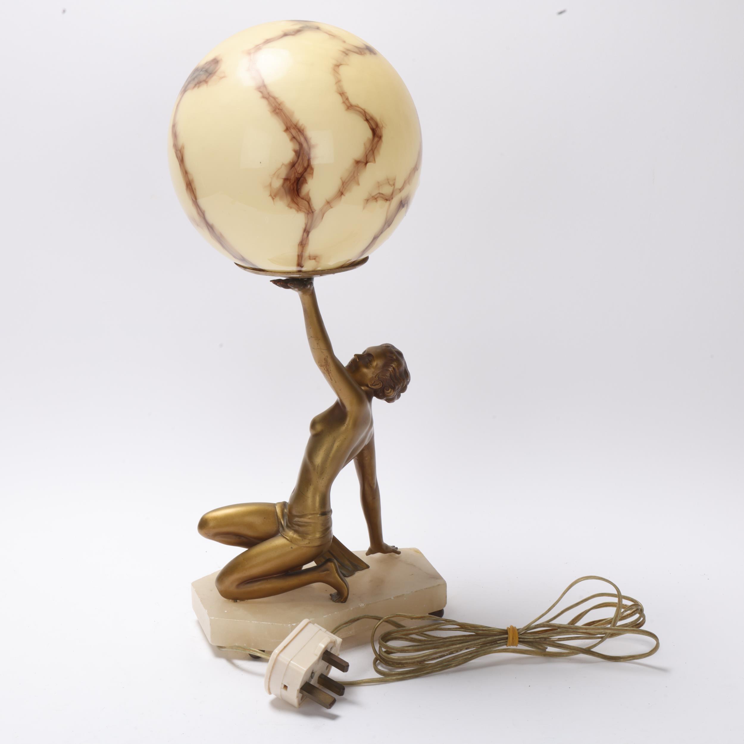 Art Deco gilded spelter and alabaster table lamp, the ball-shaped coloured glass shade supported - Image 2 of 3