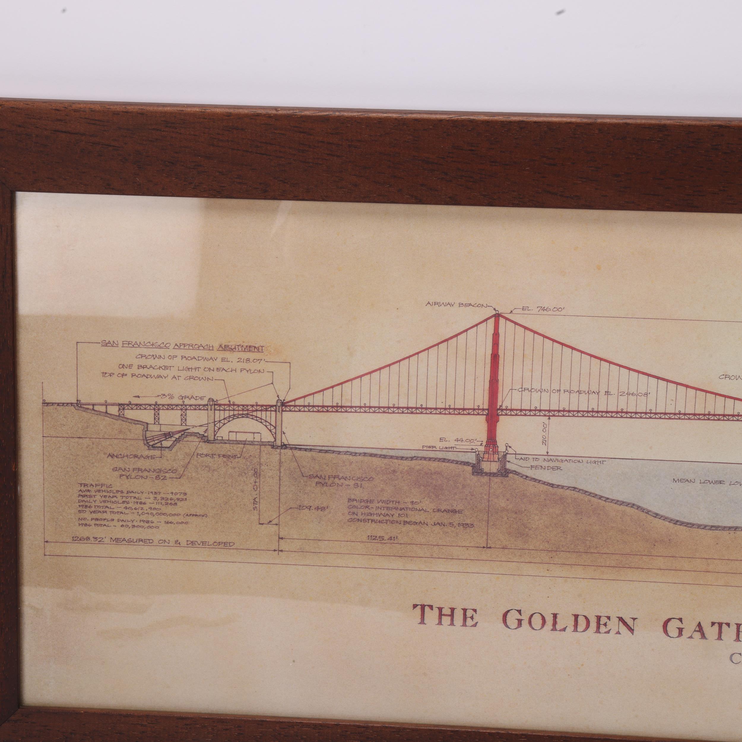 An architectural print of the Gold Gate Bridge, framed, 84x 25cm Good condition, some browning of - Image 3 of 3