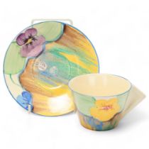 Clarice Cliff Delicia Pansies cup and saucer, saucer diameter 14.5cm Good condition, no chips cracks