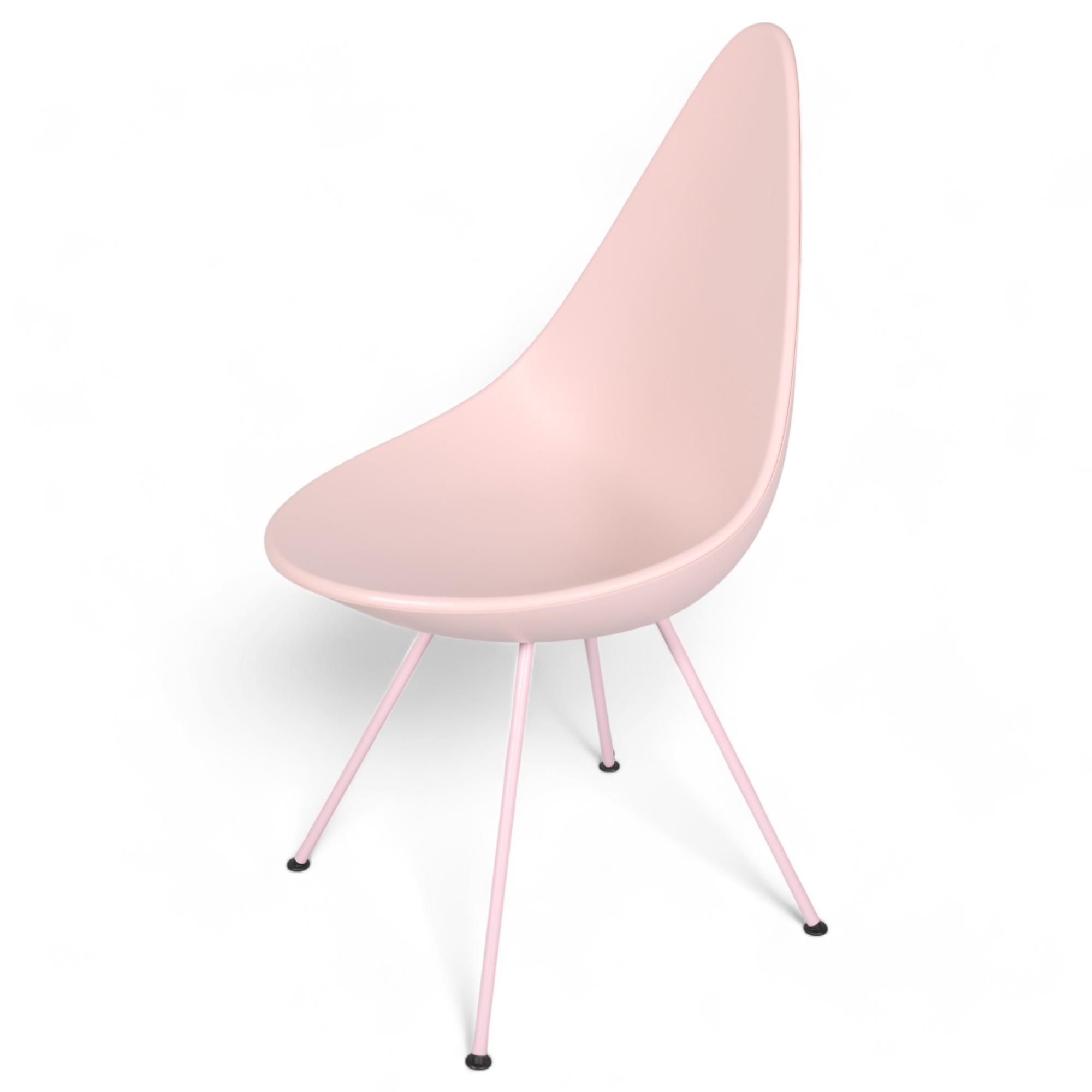 ARNE JACOBSEN - a Fritz Hansen Drop chair , the pink moulded seat on pink enamelled legs, designed