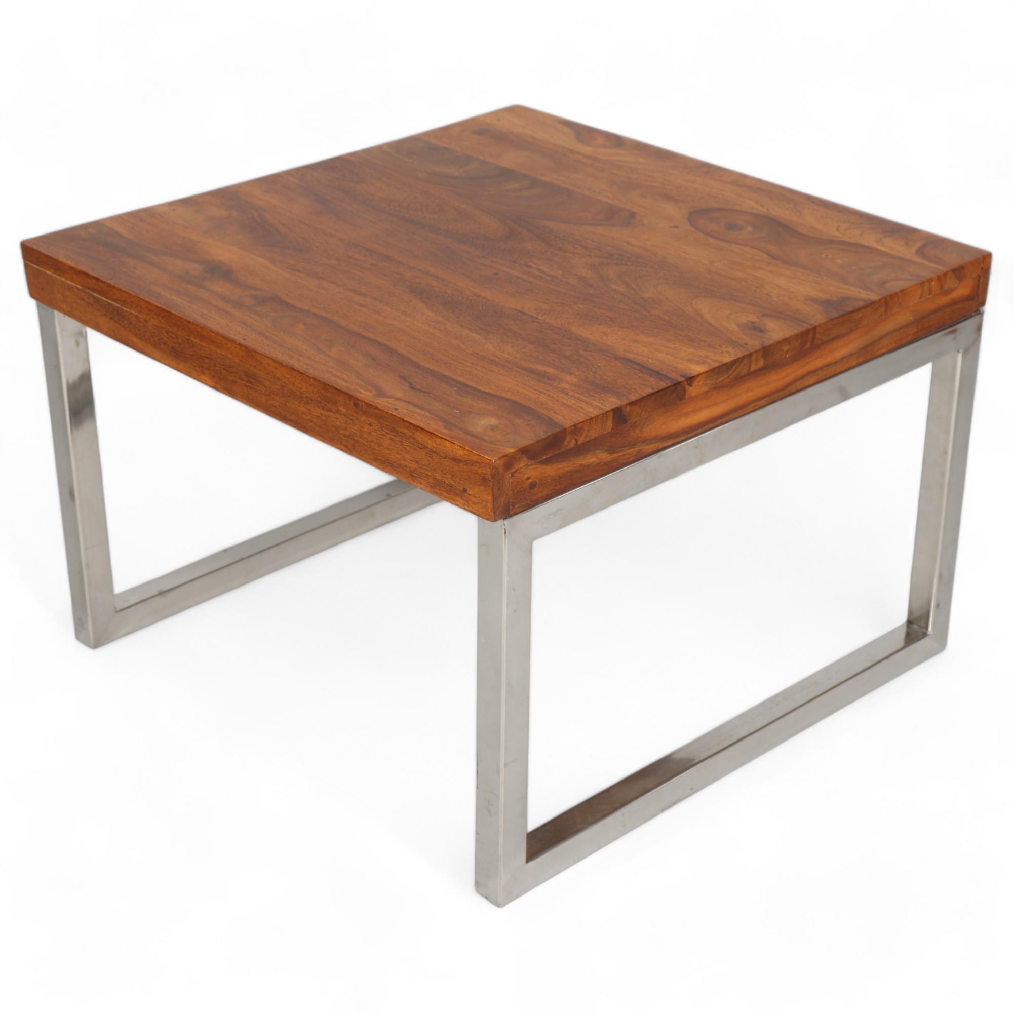 A modern coffee table with hardwood top on square section steel frame, height 40cm, top 60 x 60cm