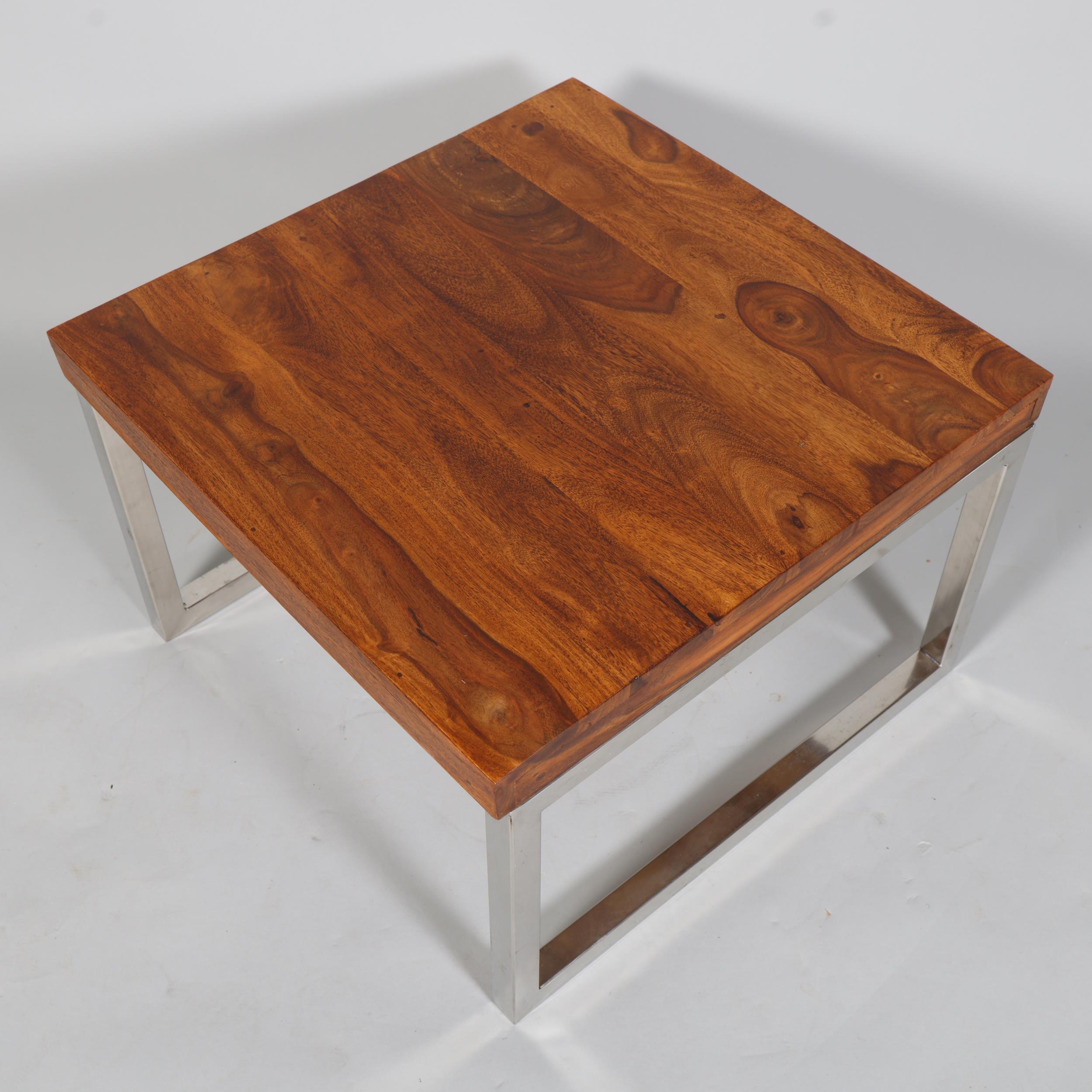 A modern coffee table with hardwood top on square section steel frame, height 40cm, top 60 x 60cm - Image 2 of 4