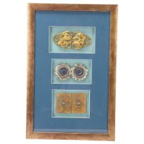 3 Art Nouveau buckles, mounted in good quality modern frame, overall frame dimensions 39.5cm x