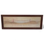 An architectural print of the Gold Gate Bridge, framed, 84x 25cm Good condition, some browning of
