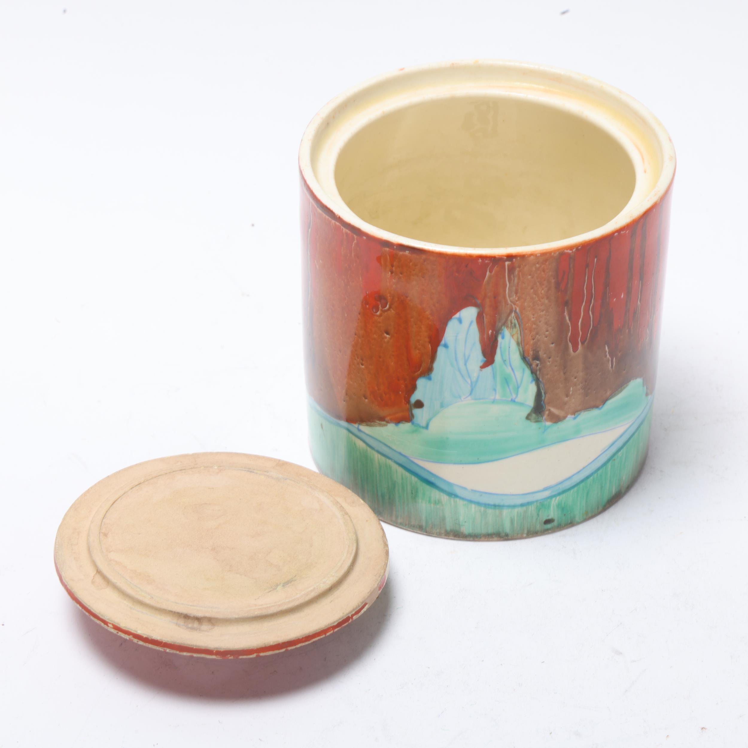 Clarice Cliff Forest Glen pattern drum-shaped pot and cover, circa 1934, height 8cm No chips - Image 2 of 3