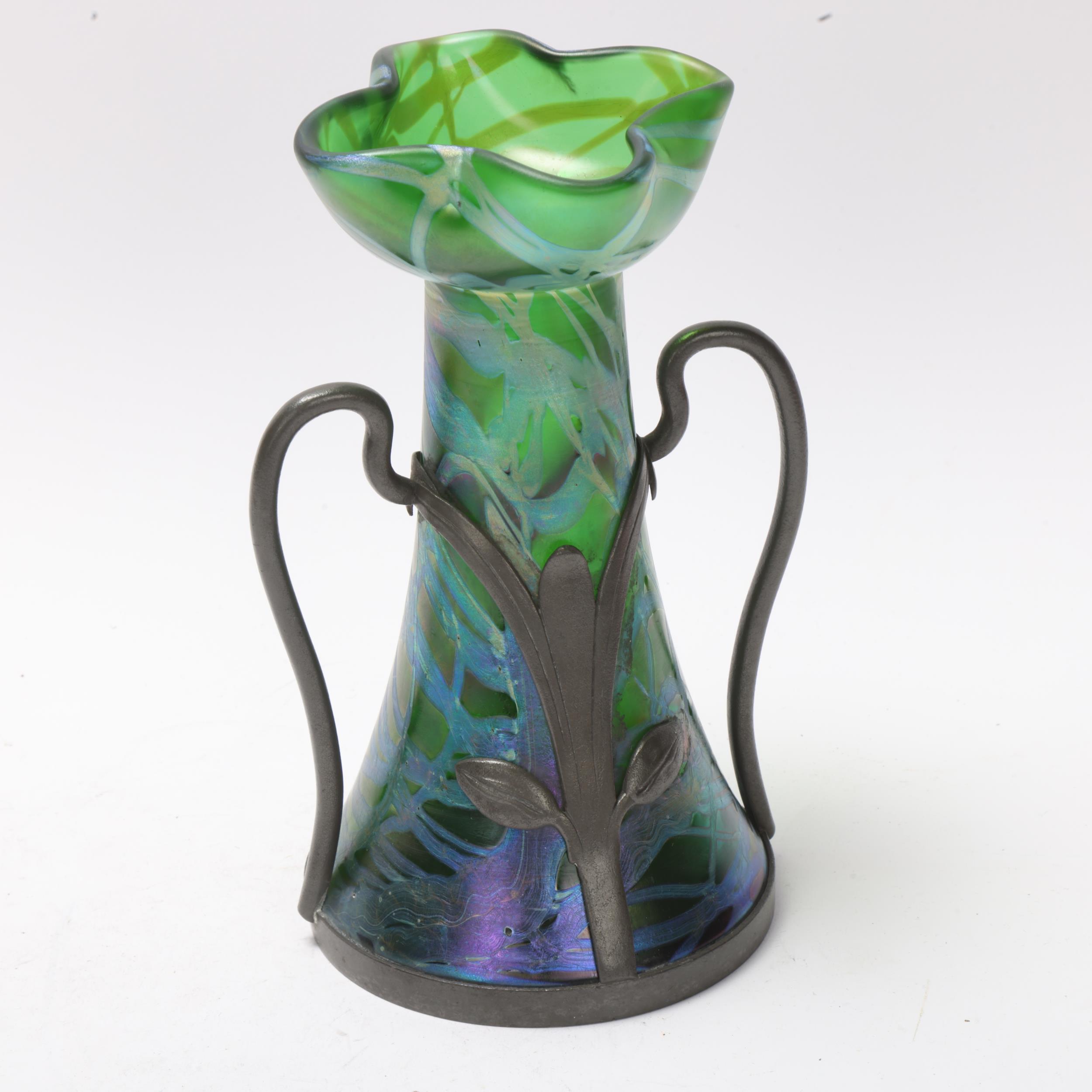 Loetz green iridescent glass vase with stylised pewter mount, height 18.5cm Perfect condition - Image 2 of 3