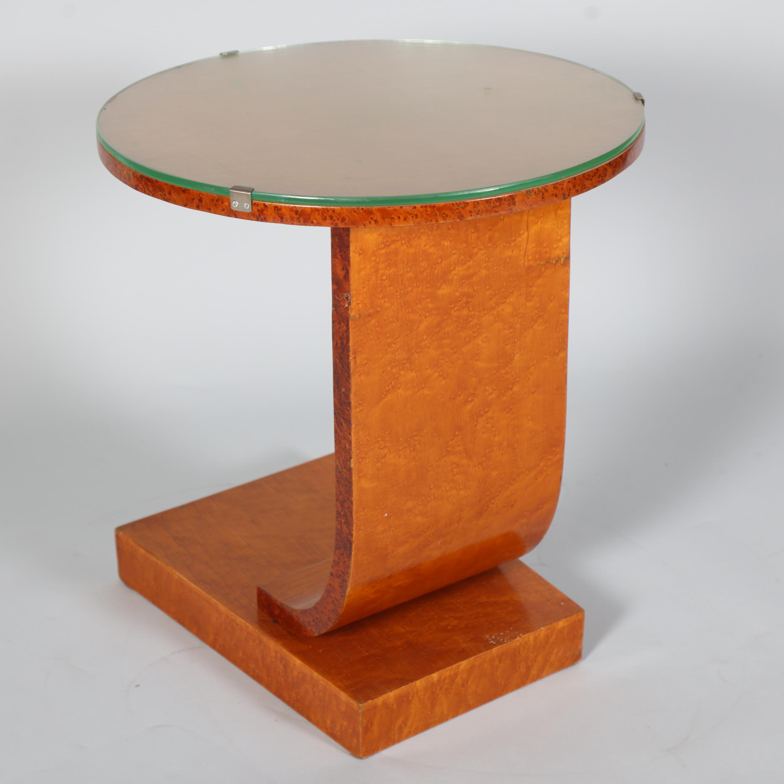 Art Deco maple circular occasional table, with glass top and platform base, top diameter 46cm, - Image 3 of 3