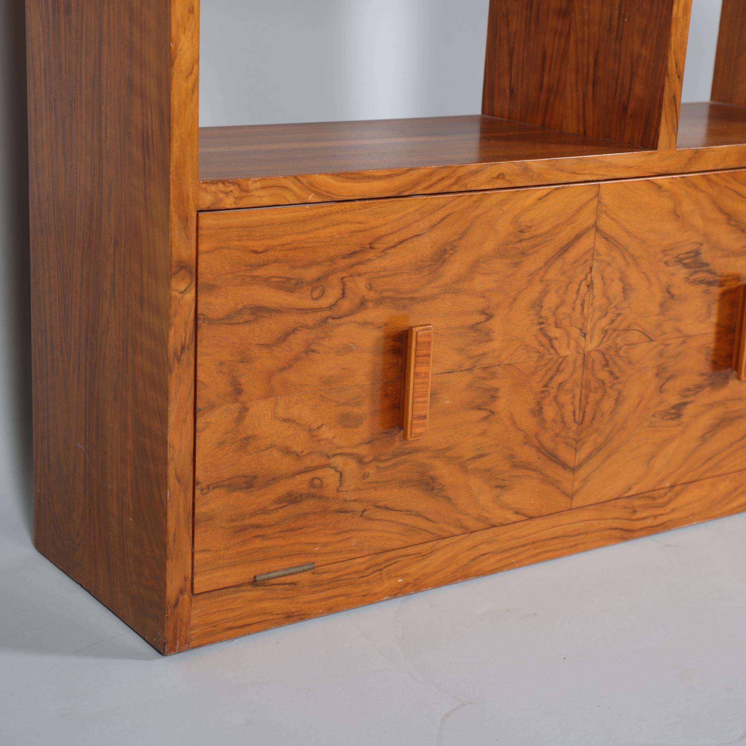 Art Deco walnut stepped open bookcase with drop-front cupboard below, width 77cm, height 107cm - Image 2 of 4