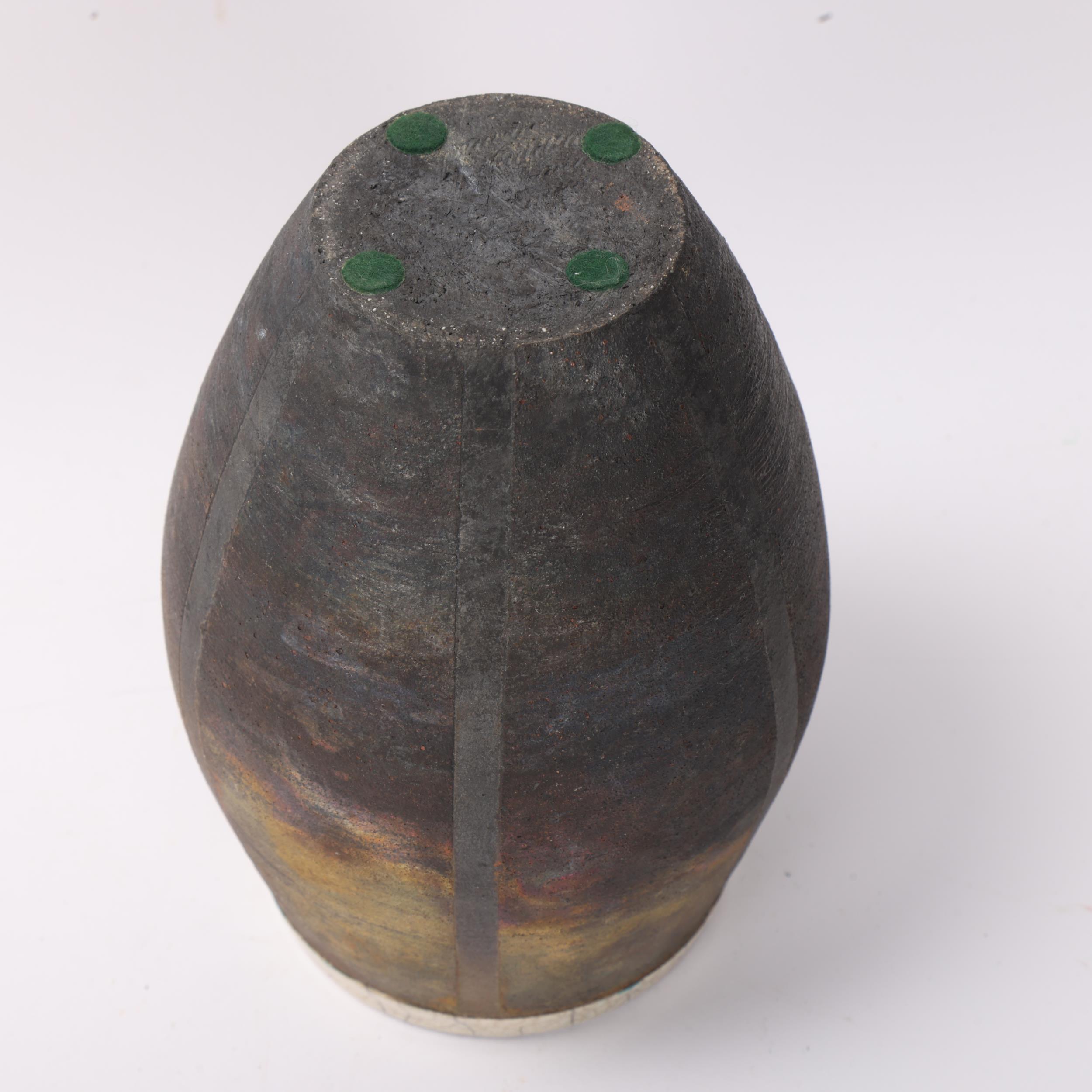 A studio pottery raku fired barrel vase, with resist stripes and crackle glaze interior, makers mark - Image 2 of 3