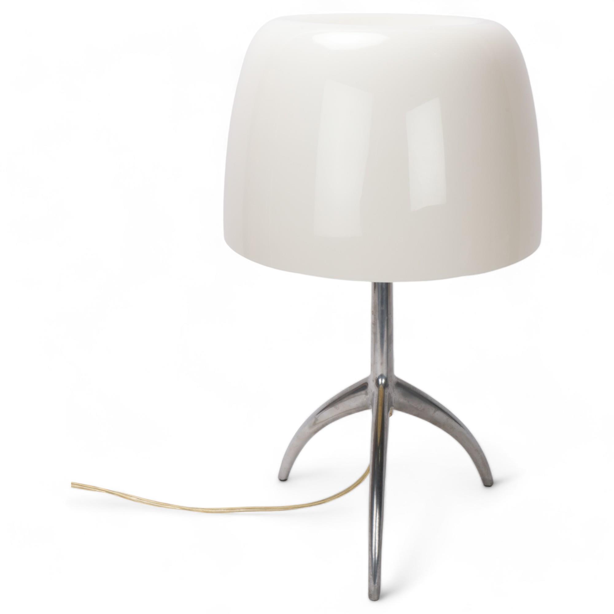 A Foscarini "Lumiere" table lamp, polished steel base and white glass shade, with dimmer switch,