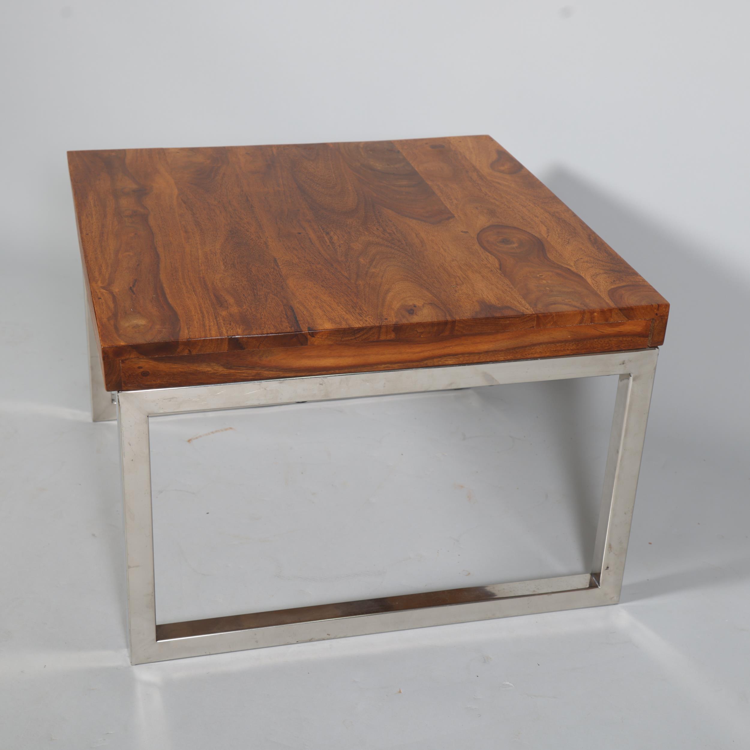 A modern coffee table with hardwood top on square section steel frame, height 40cm, top 60 x 60cm - Image 3 of 4