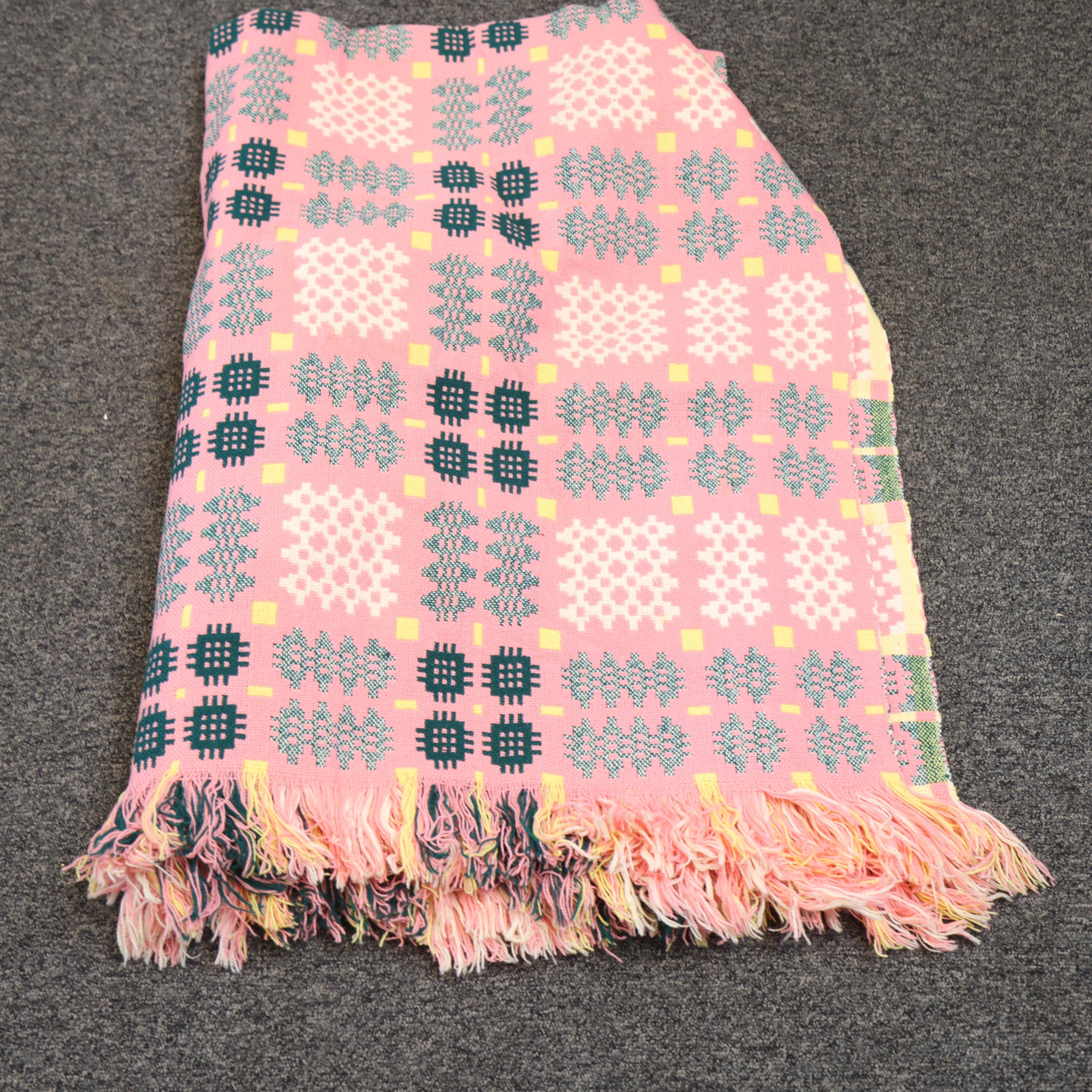 A Welsh Blanket, reversible in pink/yellow/green wool, makers label for Drew Product, 240 x 160cm - Image 3 of 3