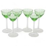 A set of 6 Art Deco glasses with green bowls and clear stems, height 11.5cm All in good condition