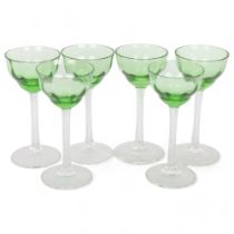A set of 6 Art Deco glasses with green bowls and clear stems, height 11.5cm All in good condition