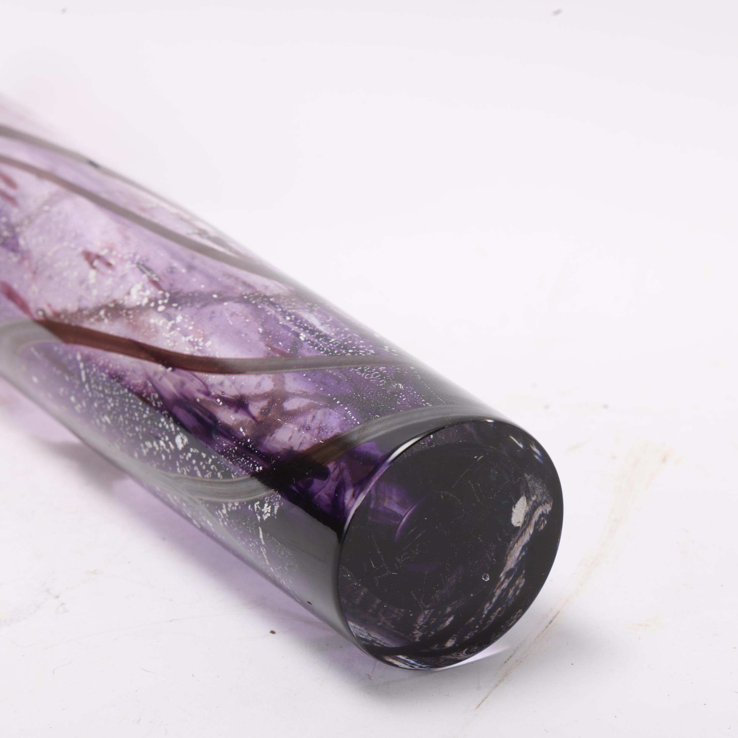 NIKKI WILLIAMS, a studio glass purple and silver leaf cylinder vase, signed to base, 32.5cm Very - Image 2 of 3