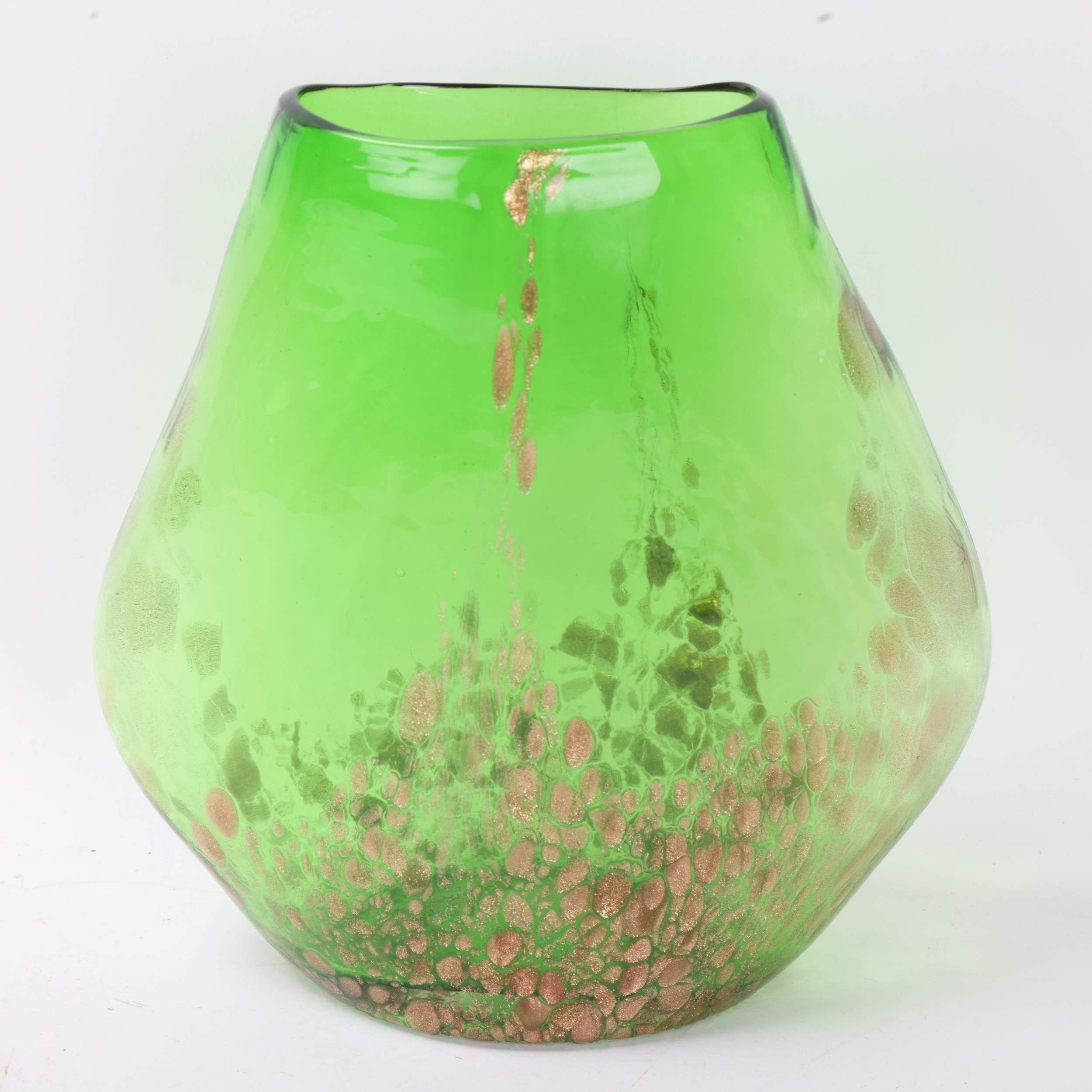 A hand blown green glass pebble vase, with gilt leaf surface decoration, no makers marks, height - Image 2 of 3