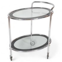 Art Deco chrome plate 2-tier cocktail trolley, with original black/clear glass panels, length 67cm