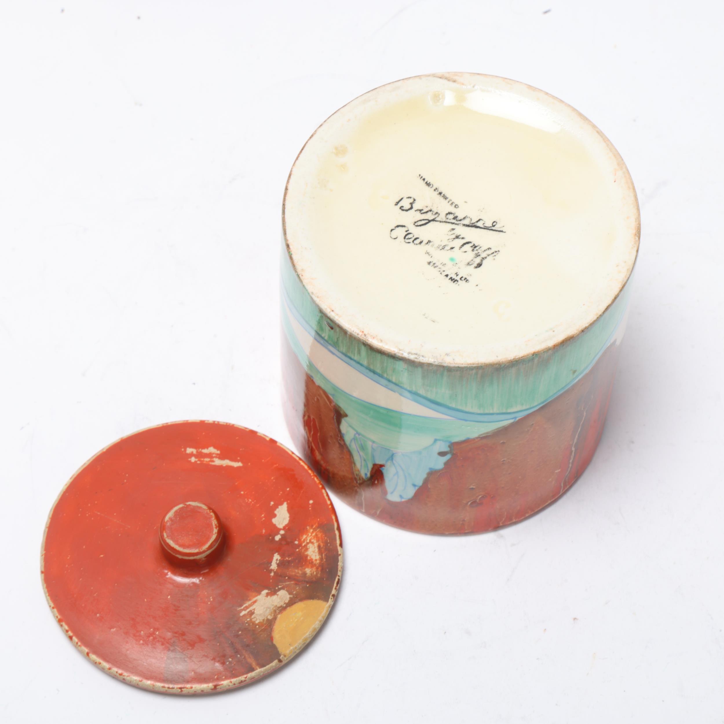 Clarice Cliff Forest Glen pattern drum-shaped pot and cover, circa 1934, height 8cm No chips - Image 3 of 3