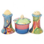 Clarice Cliff Bizarre Blue Chintz 3-piece cruet set, height 7.5cm All in good condition, no chips