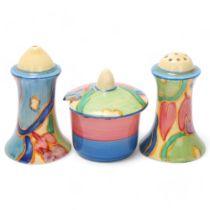 Clarice Cliff Bizarre Blue Chintz 3-piece cruet set, height 7.5cm All in good condition, no chips