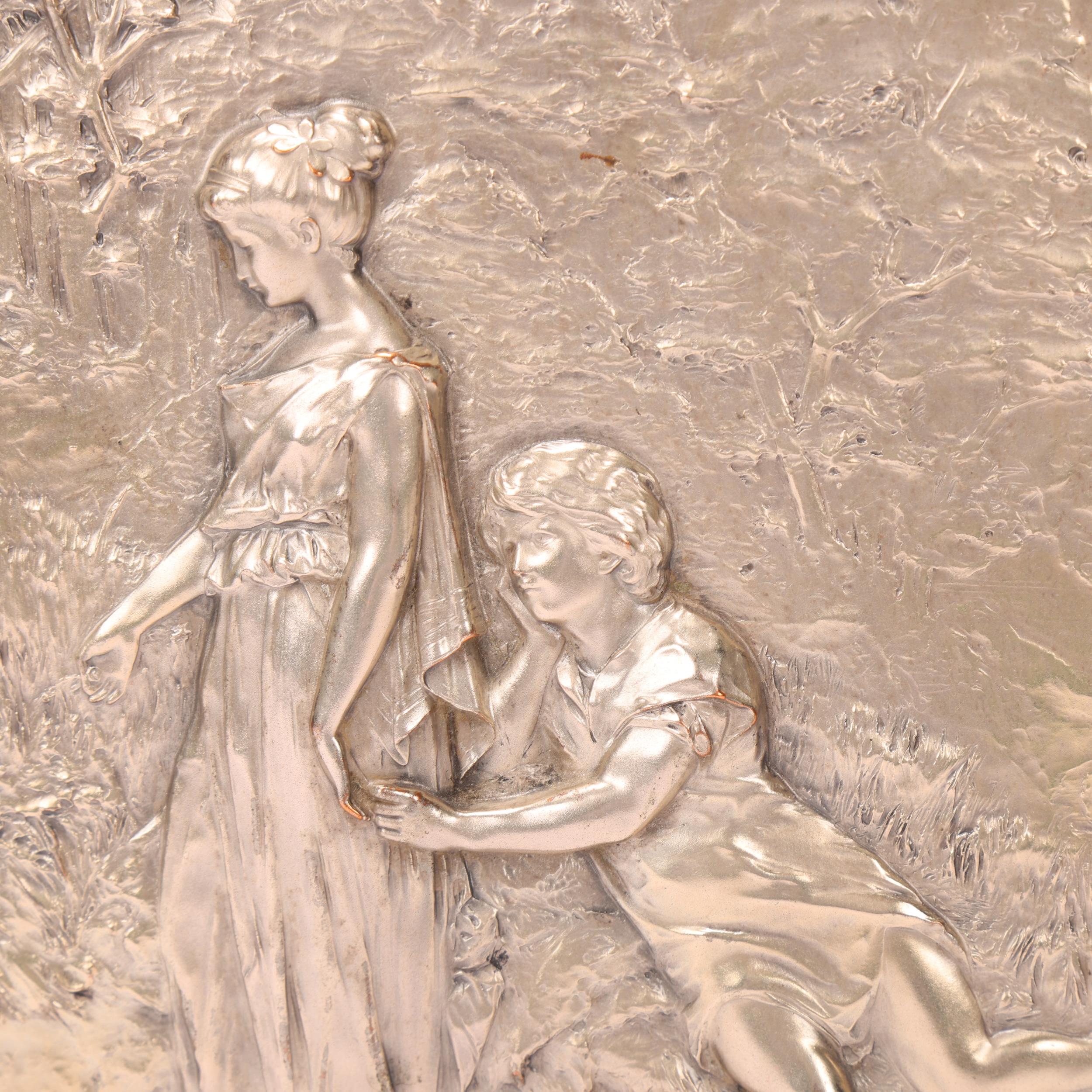 Art Nouveau silver plate on copper relief plaque, depicting lovers in a woodland, overall frame - Image 3 of 3