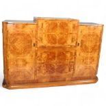 Art Deco burr-walnut cocktail cabinet, circa 1920s, central cocktail fall-front with rising top