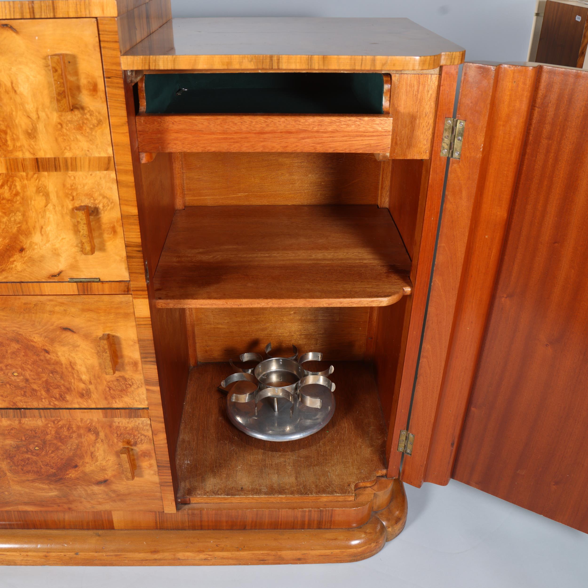 Art Deco burr-walnut cocktail cabinet, circa 1920s, central cocktail fall-front with rising top - Image 6 of 13