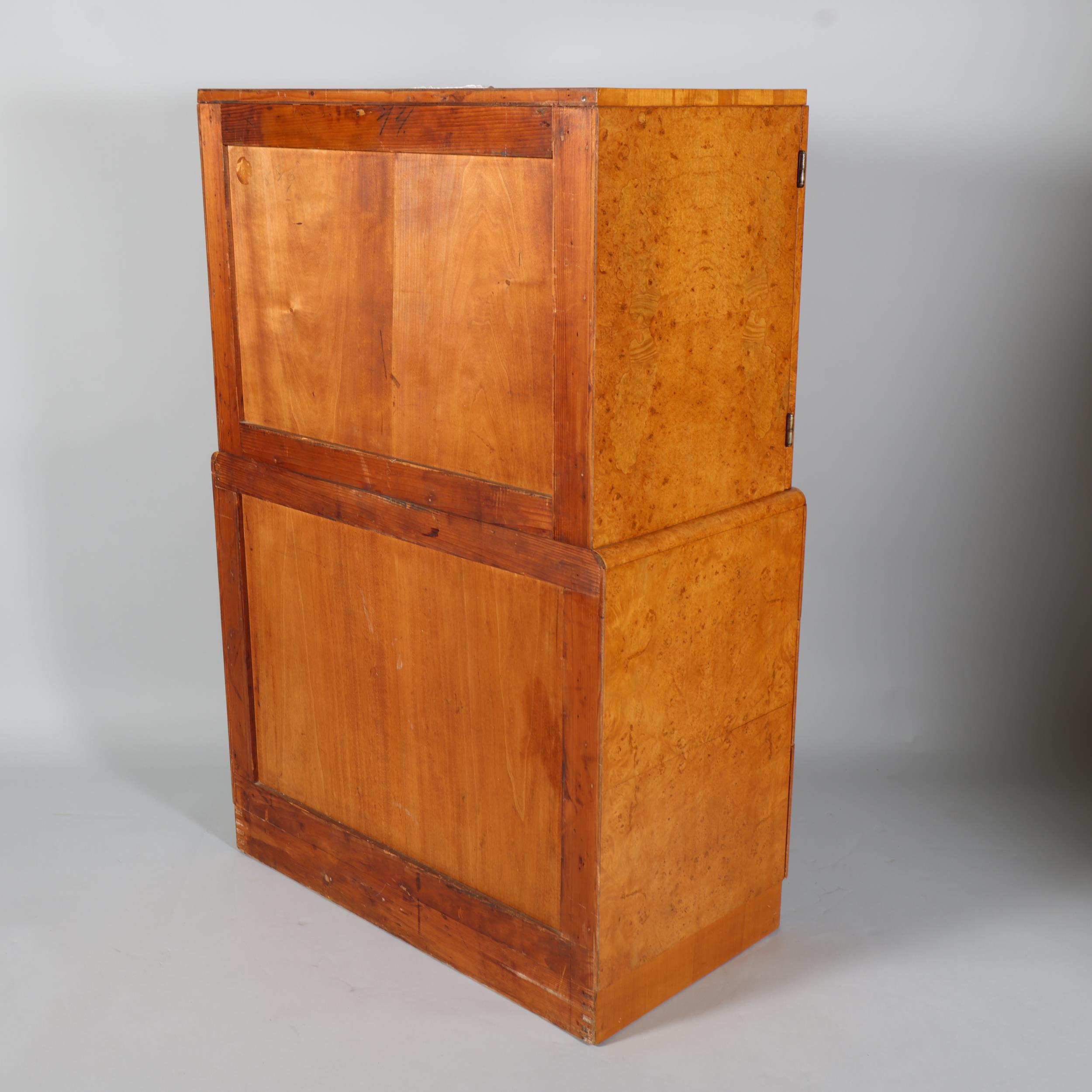 Art Deco birdseye maple tallboy, 2 doors above enclosing shelved interior with 3 long drawers - Image 5 of 5