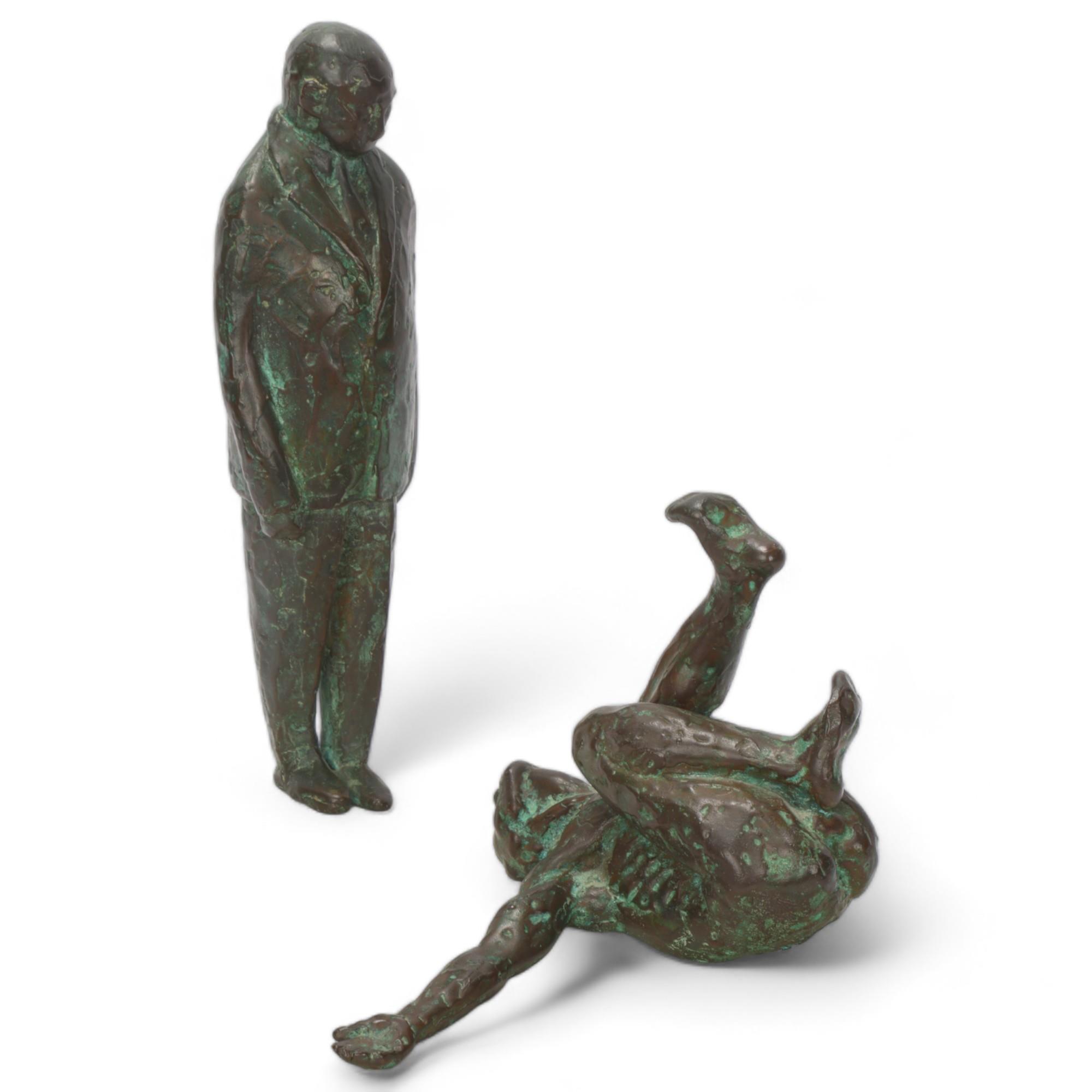 MAUREEN LANGLEY (b.1931), a bronze figure of a man prostrate in front of a suited figure on a marble