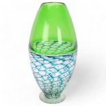 BOB CROOKS, a large footed studio glass vase, with green and turquoise lattice work body, signed