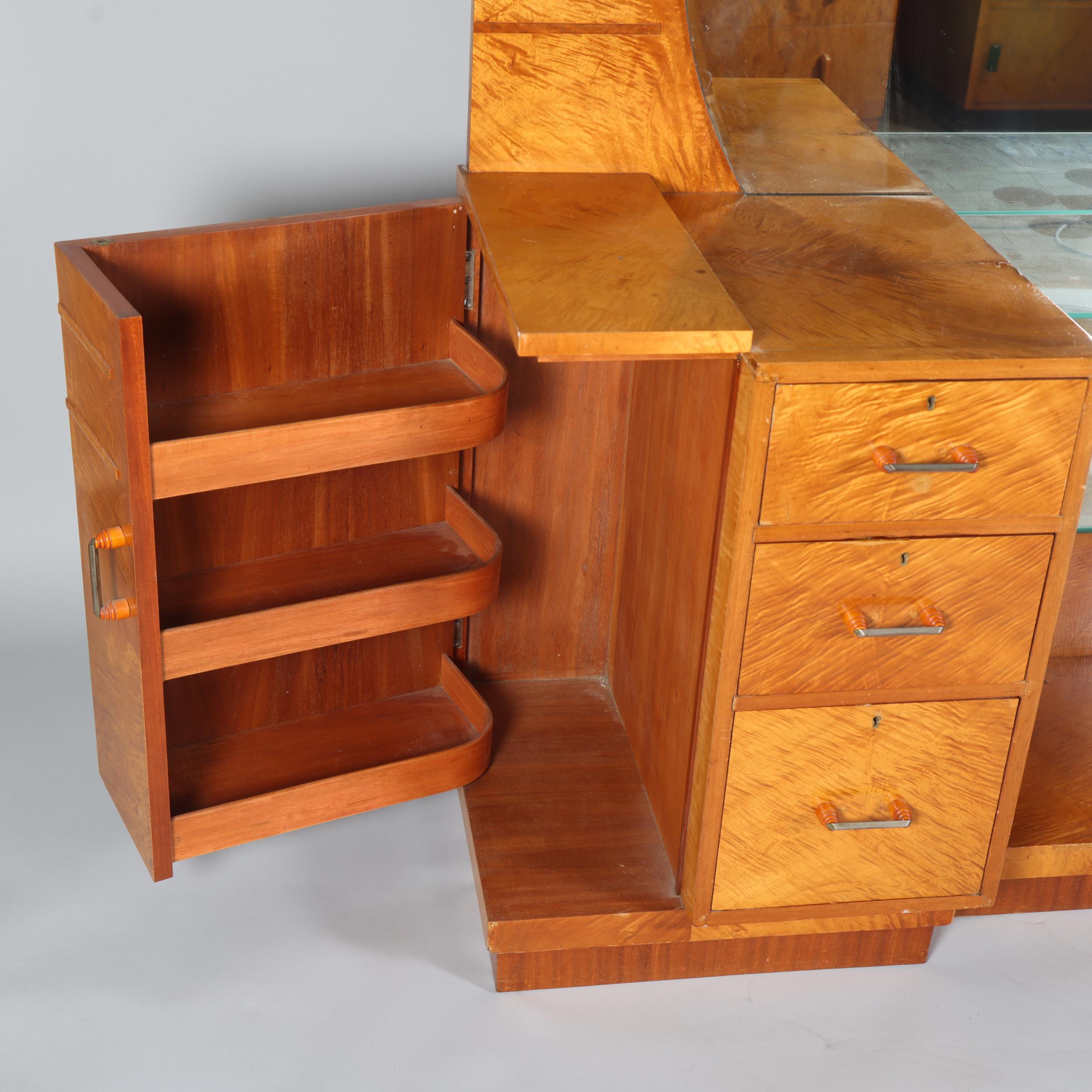 Art Deco satinwood dressing table, circa 1920, circular mirror-back with end cupboard, central 3- - Image 4 of 6