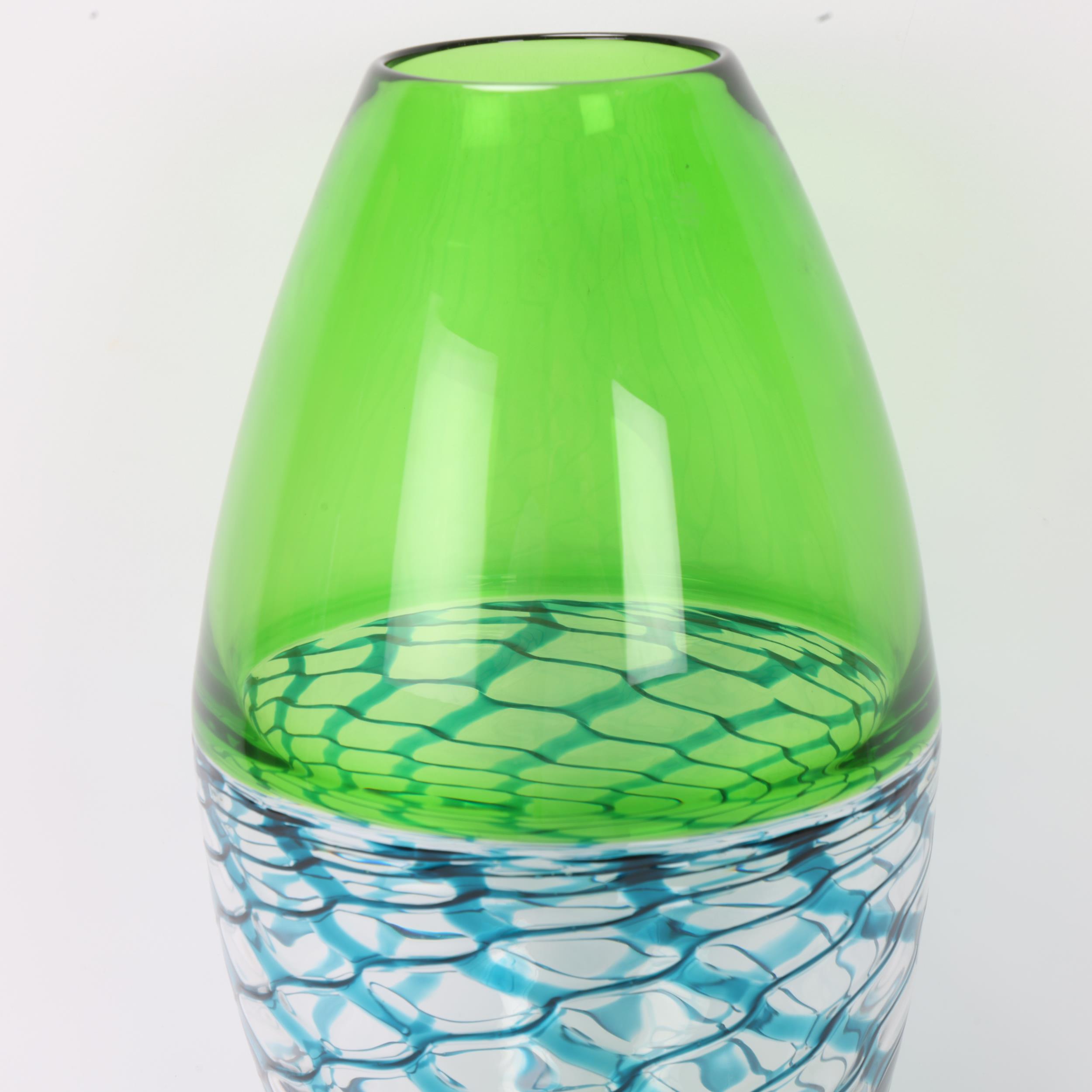 BOB CROOKS, a large footed studio glass vase, with green and turquoise lattice work body, signed - Image 3 of 3