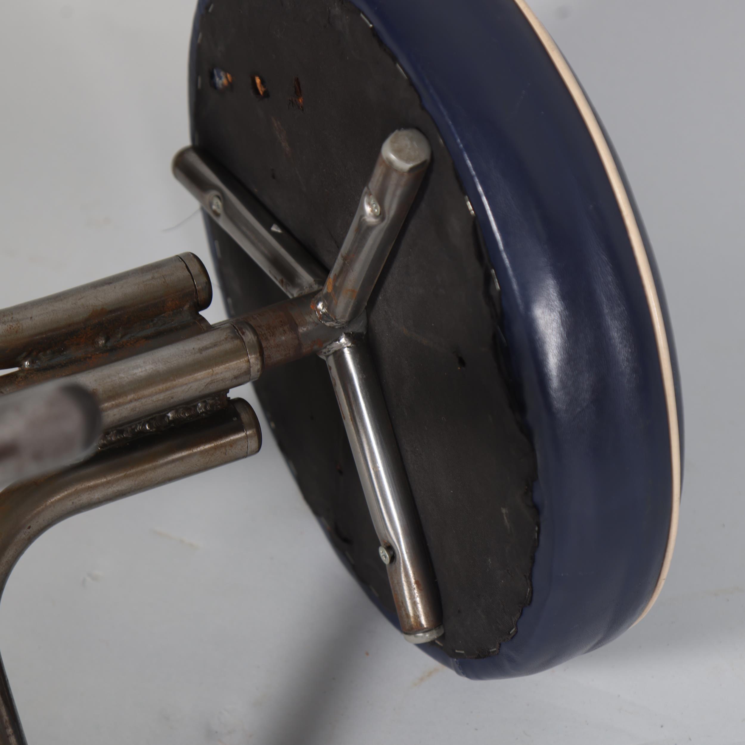 A mid-century modernist tubular steel industrial height adjustable stool with blue leather seat, - Image 3 of 3