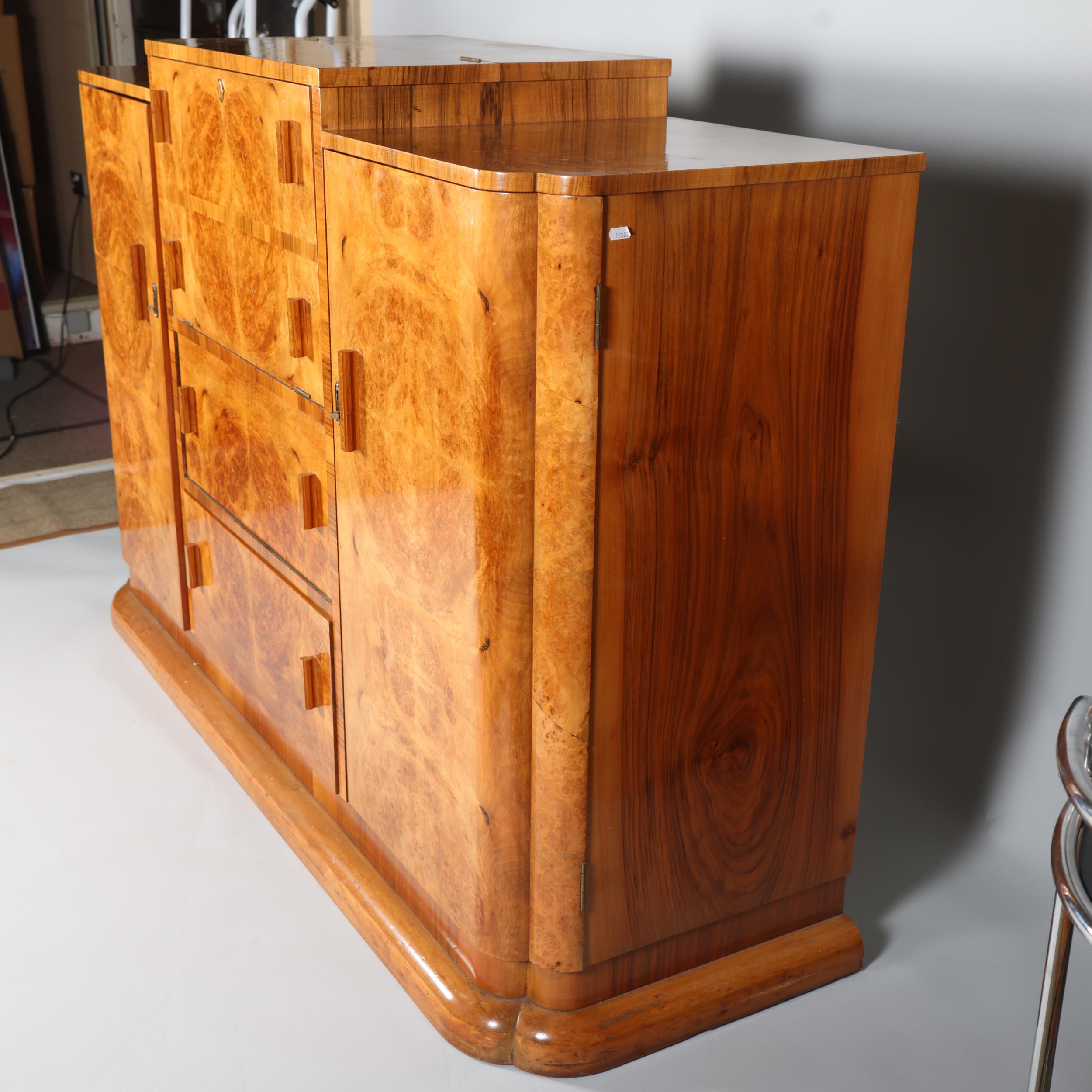 Art Deco burr-walnut cocktail cabinet, circa 1920s, central cocktail fall-front with rising top - Image 11 of 13