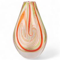 A large Mid 20th century tear drop vase, with red/green tone internal swirling glass, height 30cm