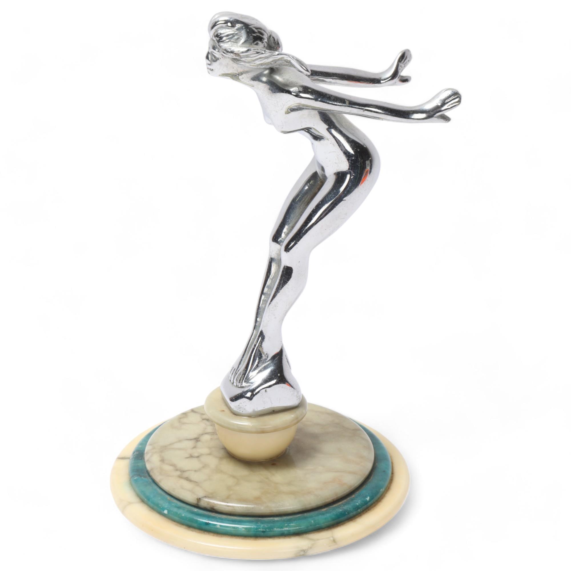 Art Deco chrome plate bronze car mascot, Speed Nymph, unsigned, on circular three-colour marble