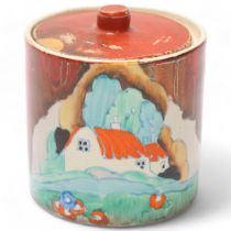 Clarice Cliff Forest Glen pattern drum-shaped pot and cover, circa 1934, height 8cm No chips
