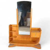 Art Deco birdseye maple cheval mirror/dressing stand, with 2 small fitted drawers, width 109cm,