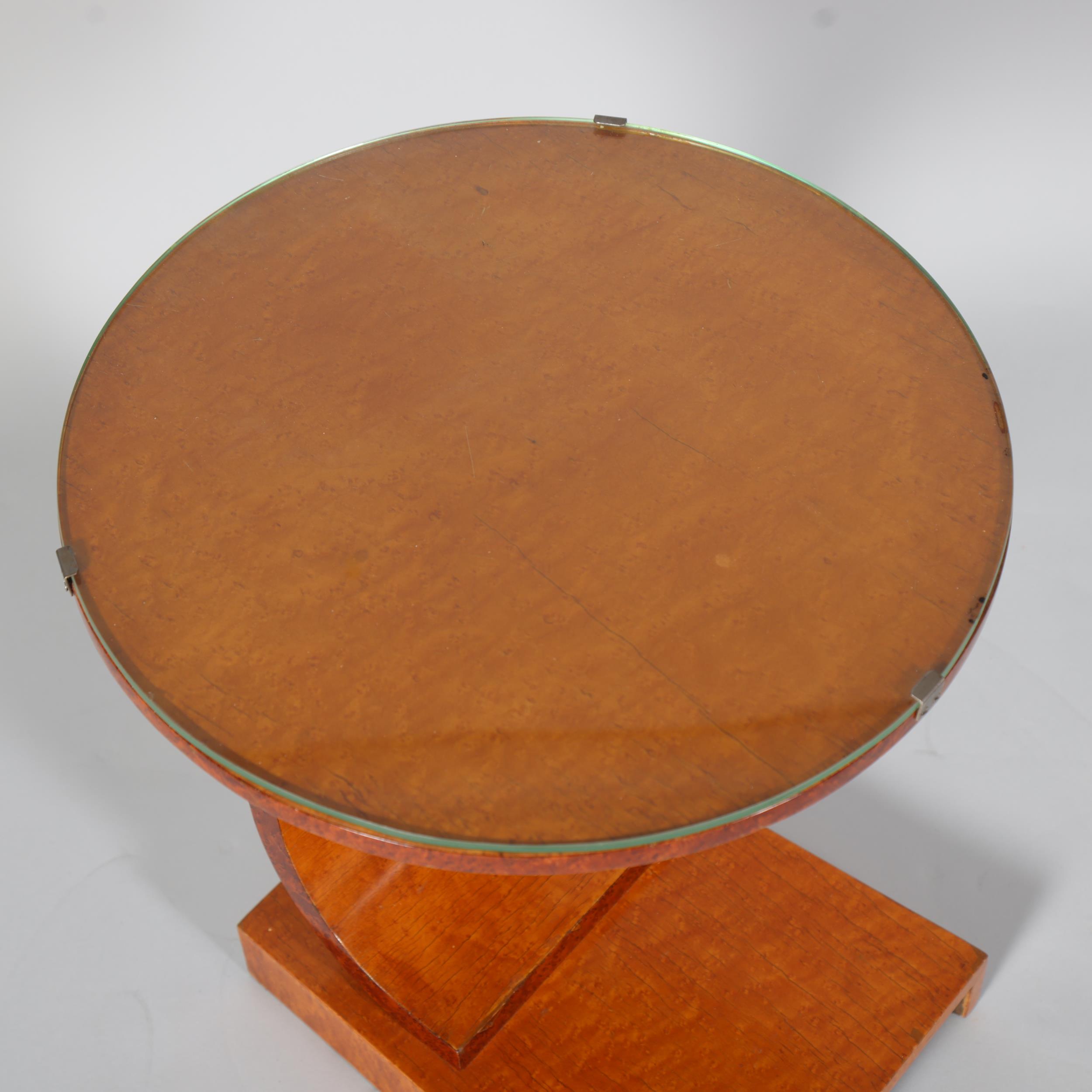 Art Deco maple circular occasional table, with glass top and platform base, top diameter 46cm, - Image 2 of 3