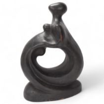 A mid-century modernist sculpture of two figures, burnised bronzed terracotta, marked "E" under