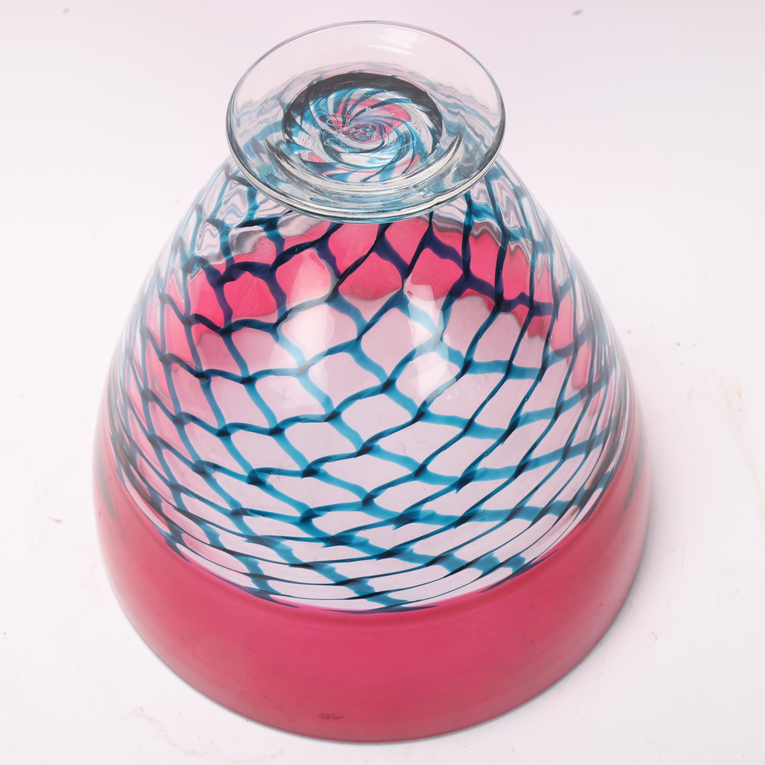 BOB CROOKS, a large footed studio glass bowl, with burgundy rim and turquoise lattice work, signed - Image 3 of 3