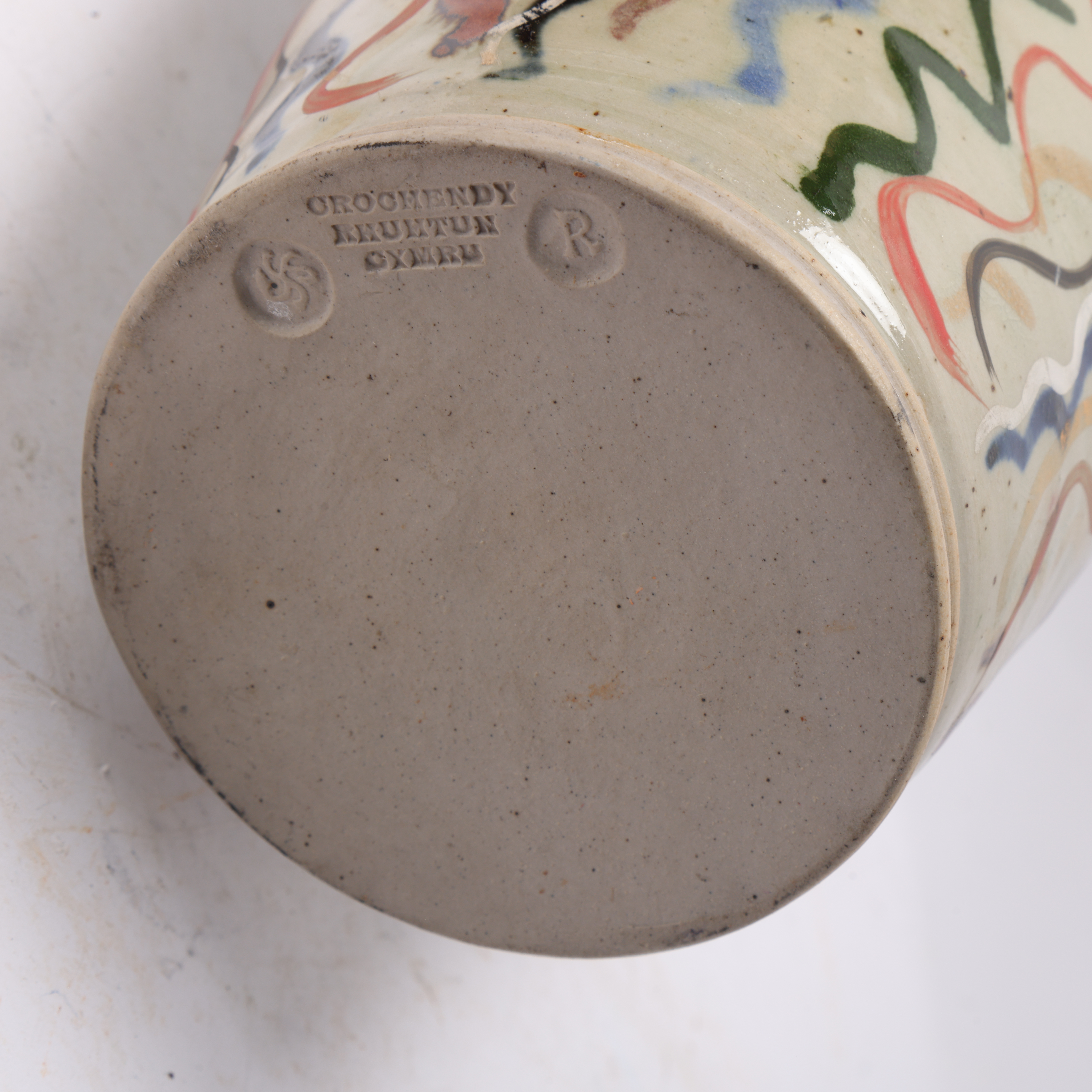 A large studio pottery stoneware barrel vase, with resist, slip and enamel decoration, marked to - Image 3 of 3