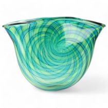 BOB CROOKS, a studio glass vase, spiral green/blue tone glass, signed to base with gallery label,