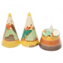 Clarice Cliff Secrets pattern 3-piece cruet set, height 8cm All on good condition, no chips cracks